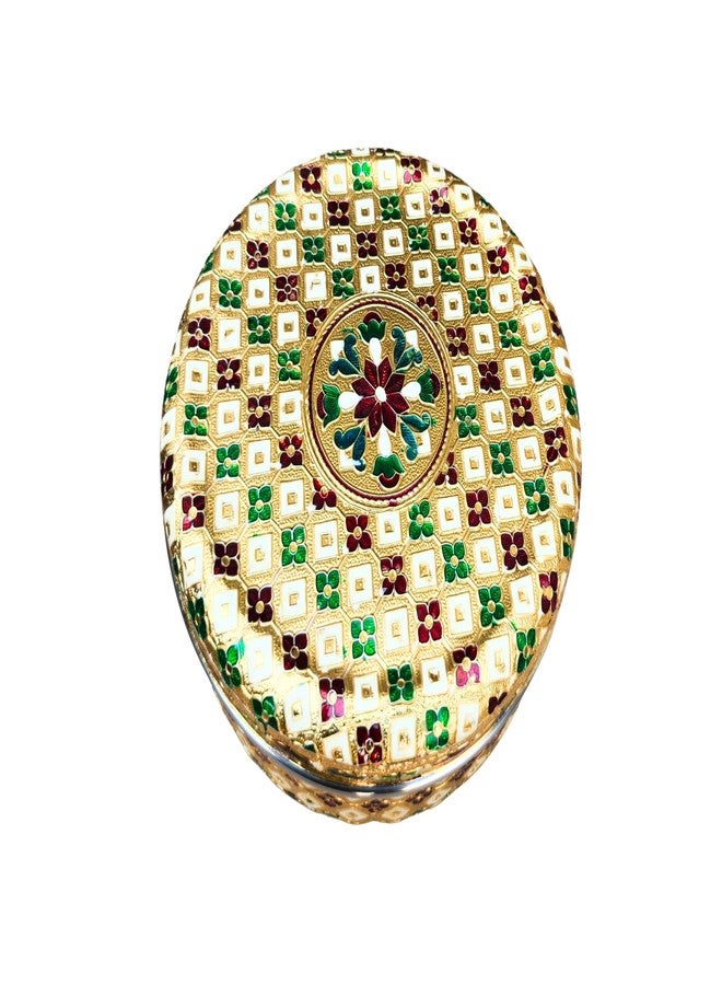 CRAFTS WORLD Stainless Steel Meenakari Container Round Dabba Chapati Box Golden Meenakari Best For Wedding Return Gift (7.5 x 7.5 x 2.7 Inch) - Image 5